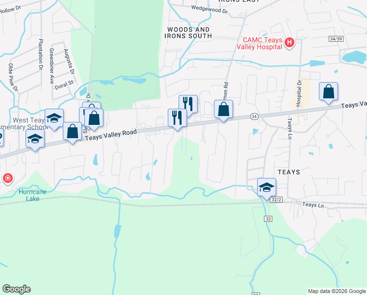 map of restaurants, bars, coffee shops, grocery stores, and more near 106 Teays Valley Mobile Home Park in Hurricane