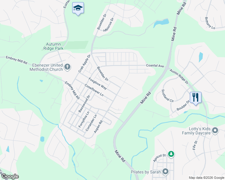 map of restaurants, bars, coffee shops, grocery stores, and more near 439 Foxglove Way in Stafford
