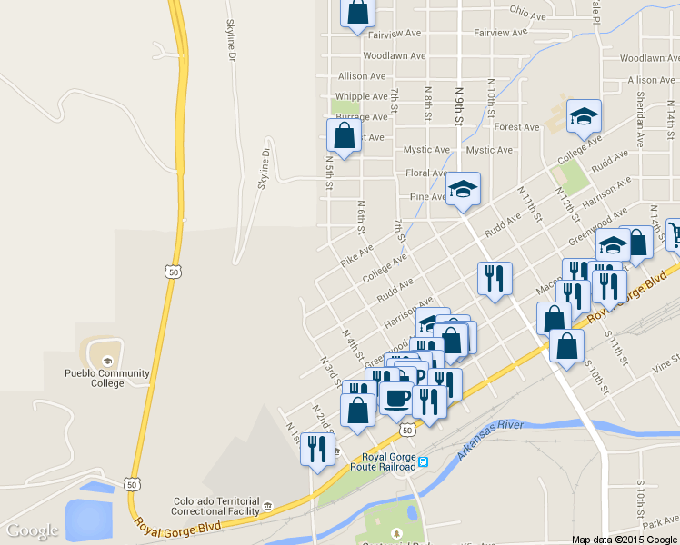map of restaurants, bars, coffee shops, grocery stores, and more near 625 North 5th Street in Cañon City