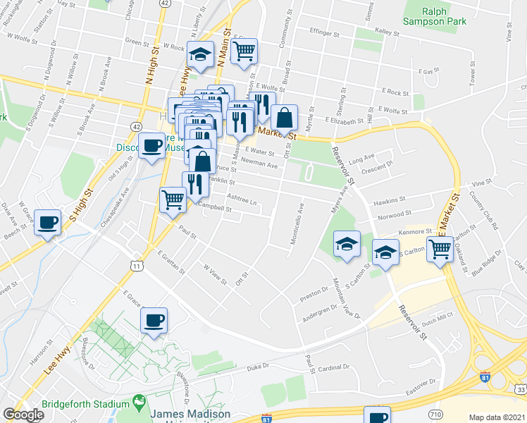 map of restaurants, bars, coffee shops, grocery stores, and more near 290 Campbell Street in Harrisonburg