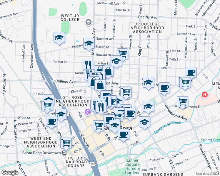 map of restaurants, bars, coffee shops, grocery stores, and more near 611 Humboldt Street in Santa Rosa