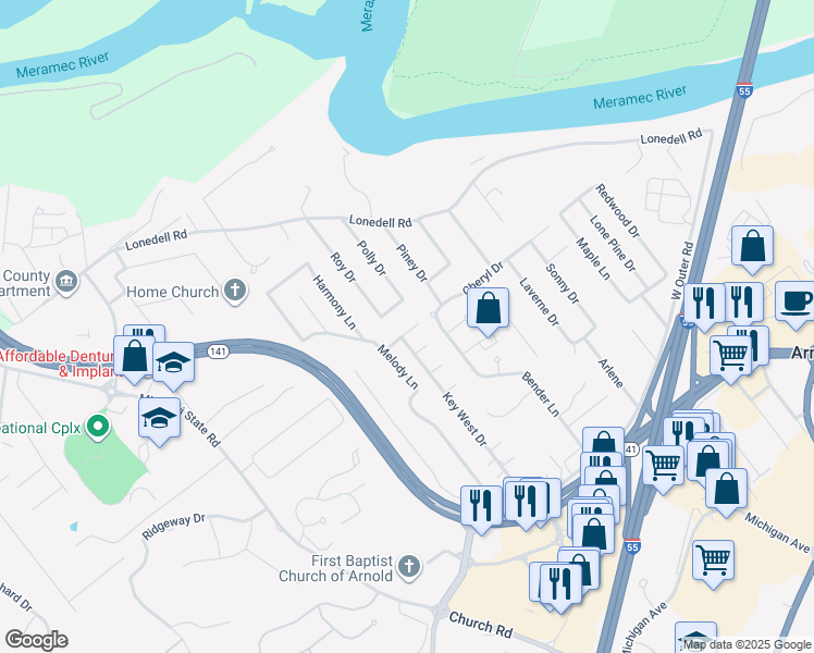 map of restaurants, bars, coffee shops, grocery stores, and more near 1559 Florida Drive in Arnold