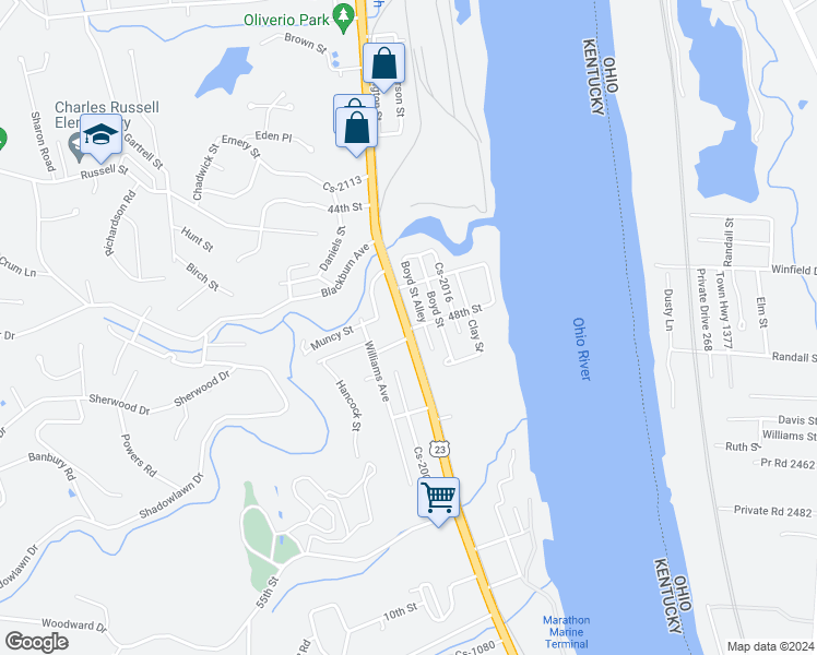 map of restaurants, bars, coffee shops, grocery stores, and more near 115 Winchester Avenue in Ashland