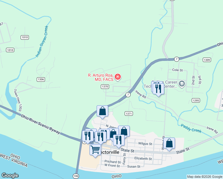 map of restaurants, bars, coffee shops, grocery stores, and more near 147 Township Road 1370 in Proctorville
