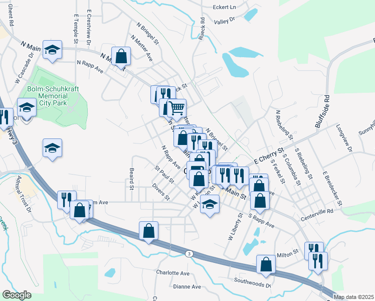 map of restaurants, bars, coffee shops, grocery stores, and more near 318 North Main Street in Columbia
