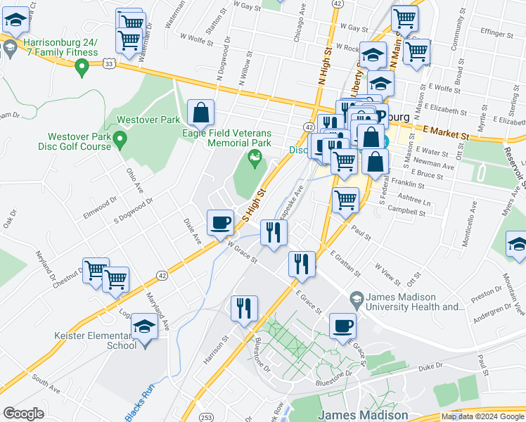 map of restaurants, bars, coffee shops, grocery stores, and more near 332 Old S High Street in Harrisonburg