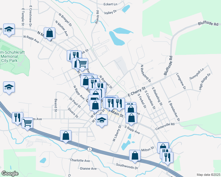 map of restaurants, bars, coffee shops, grocery stores, and more near 205 North Briegel Street in Columbia