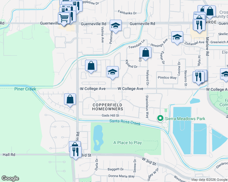 map of restaurants, bars, coffee shops, grocery stores, and more near 2420 West College Avenue in Santa Rosa