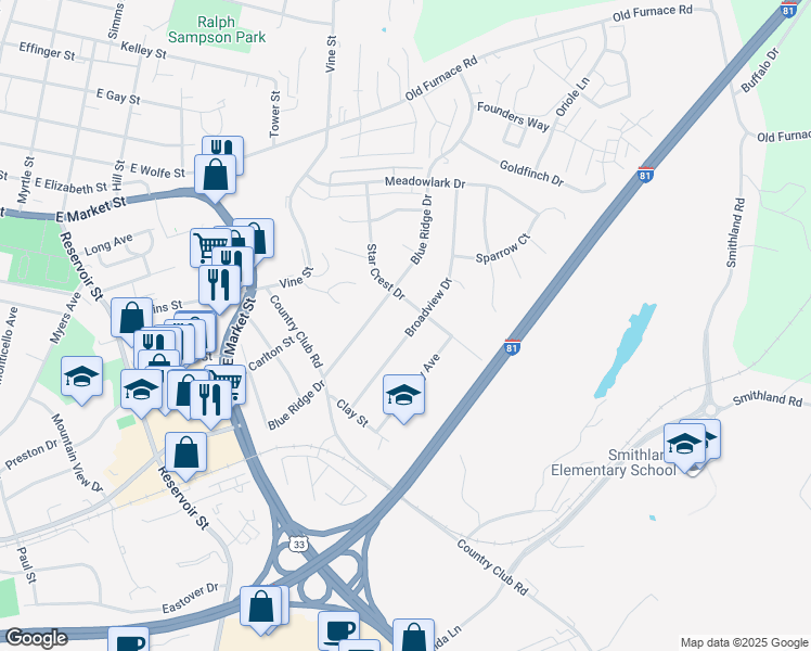 map of restaurants, bars, coffee shops, grocery stores, and more near 760 Broadview Drive in Harrisonburg