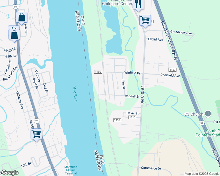 map of restaurants, bars, coffee shops, grocery stores, and more near 52 Pvt Drive in South Point