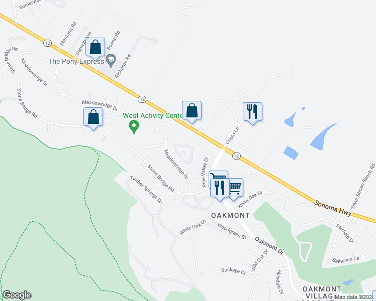 map of restaurants, bars, coffee shops, grocery stores, and more near 55 Aspen Meadows Circle in Santa Rosa