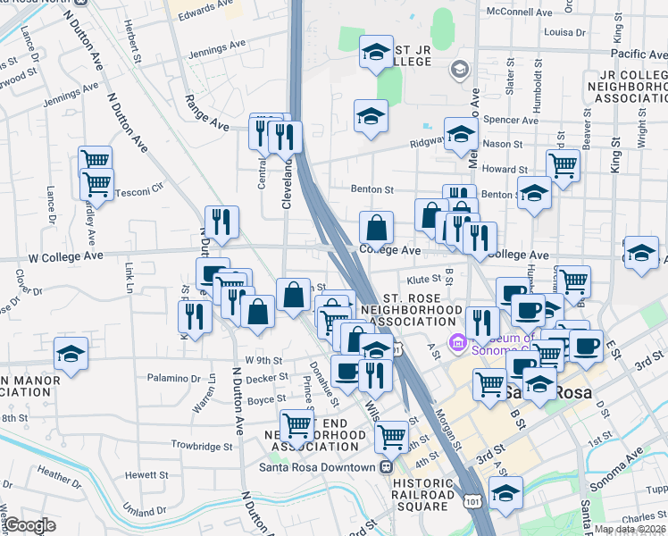 map of restaurants, bars, coffee shops, grocery stores, and more near 224 Lincoln Street in Santa Rosa