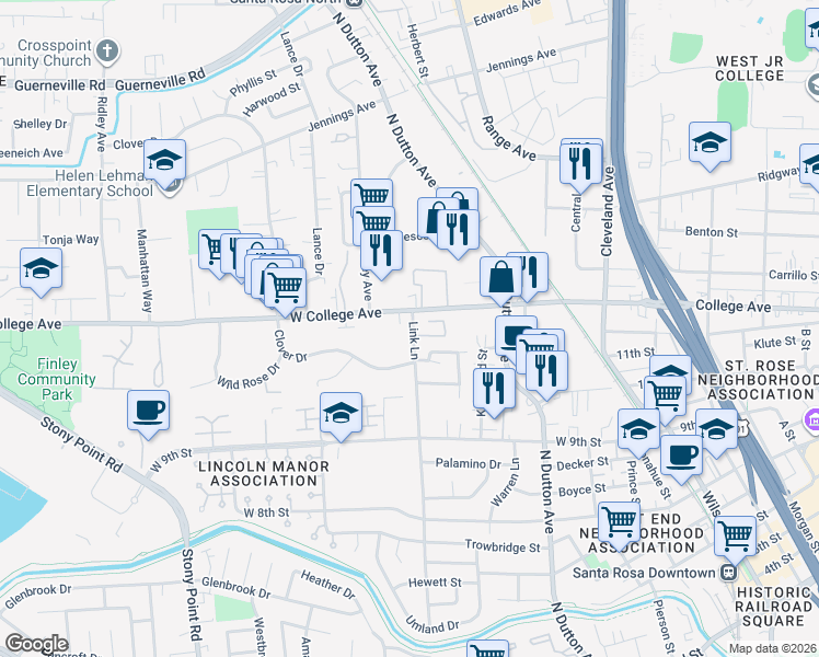 map of restaurants, bars, coffee shops, grocery stores, and more near 1029 Link Lane in Santa Rosa