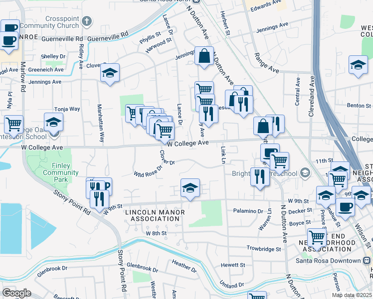 map of restaurants, bars, coffee shops, grocery stores, and more near 818 West College Avenue in Santa Rosa