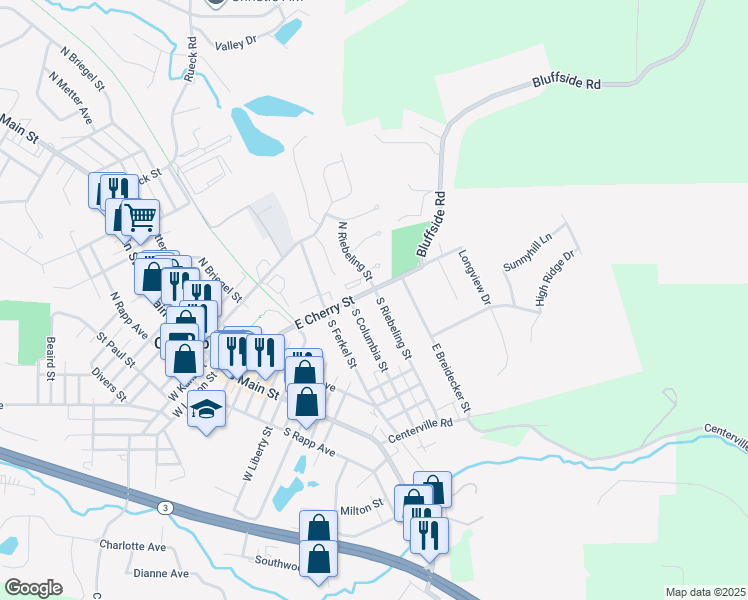 map of restaurants, bars, coffee shops, grocery stores, and more near 207 South Riebeling Street in Columbia