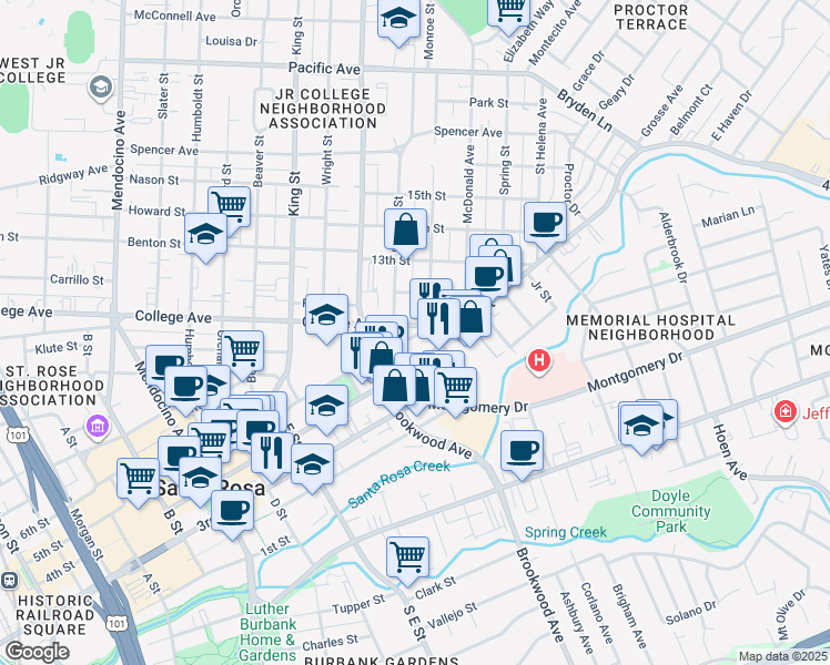 map of restaurants, bars, coffee shops, grocery stores, and more near 1232 College Avenue in Santa Rosa