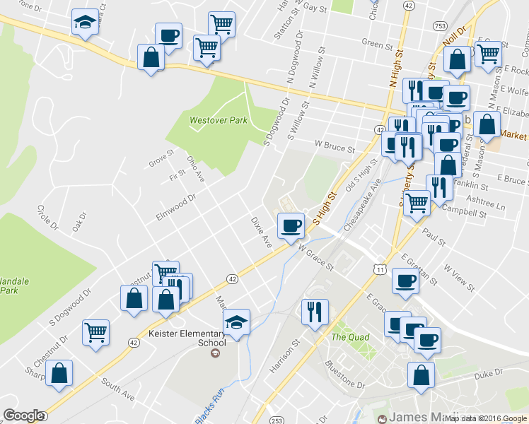 map of restaurants, bars, coffee shops, grocery stores, and more near 335 West Grace Street in Harrisonburg