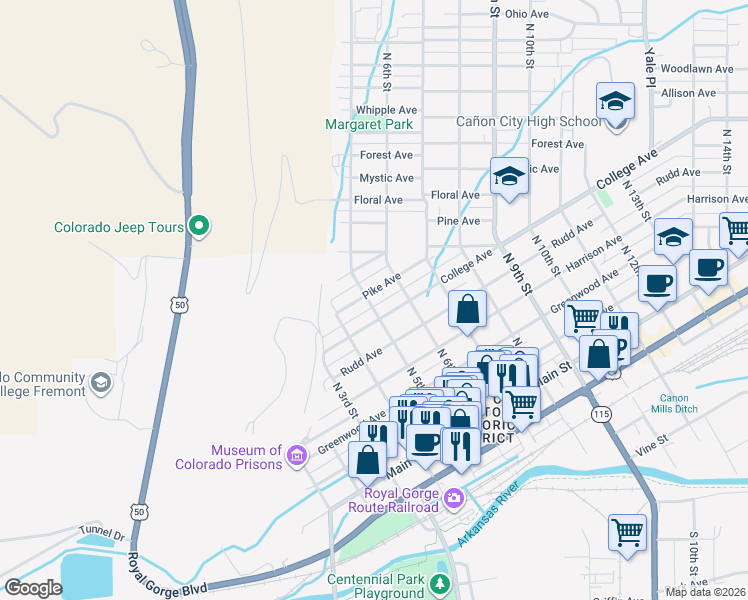 map of restaurants, bars, coffee shops, grocery stores, and more near 625 North 5th Street in Cañon City