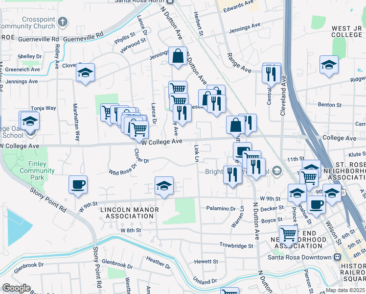 map of restaurants, bars, coffee shops, grocery stores, and more near 650 West College Avenue in Santa Rosa