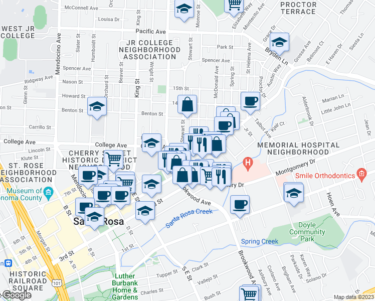 map of restaurants, bars, coffee shops, grocery stores, and more near 1220 College Avenue in Santa Rosa