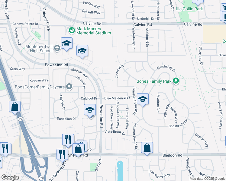 map of restaurants, bars, coffee shops, grocery stores, and more near 8667 Adamstown Way in Elk Grove
