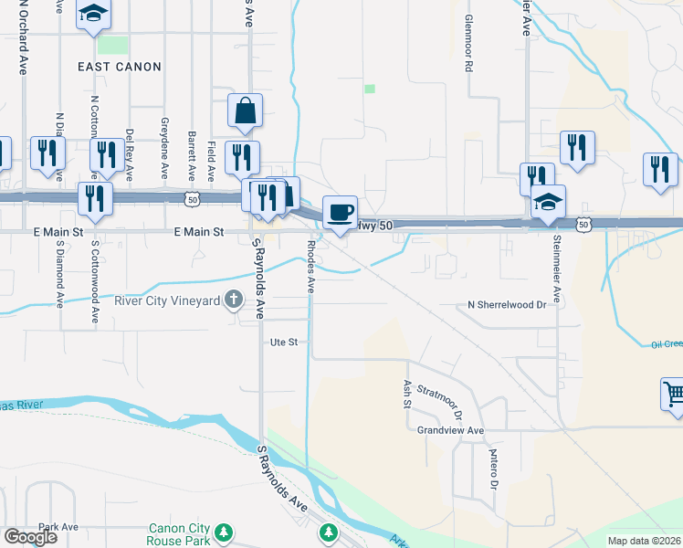 map of restaurants, bars, coffee shops, grocery stores, and more near 2929 Countryside Court in Cañon City