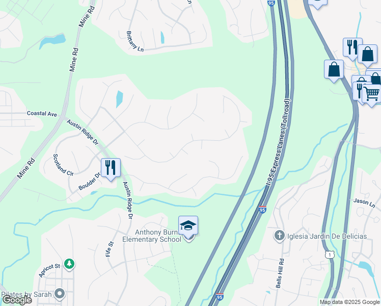 map of restaurants, bars, coffee shops, grocery stores, and more near 64 Brush Everard Court in Stafford