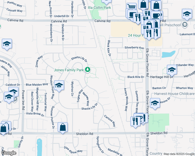 map of restaurants, bars, coffee shops, grocery stores, and more near 8840 Shasta Lily Drive in Elk Grove