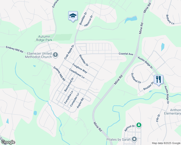 map of restaurants, bars, coffee shops, grocery stores, and more near 419 Foxglove Way in Stafford