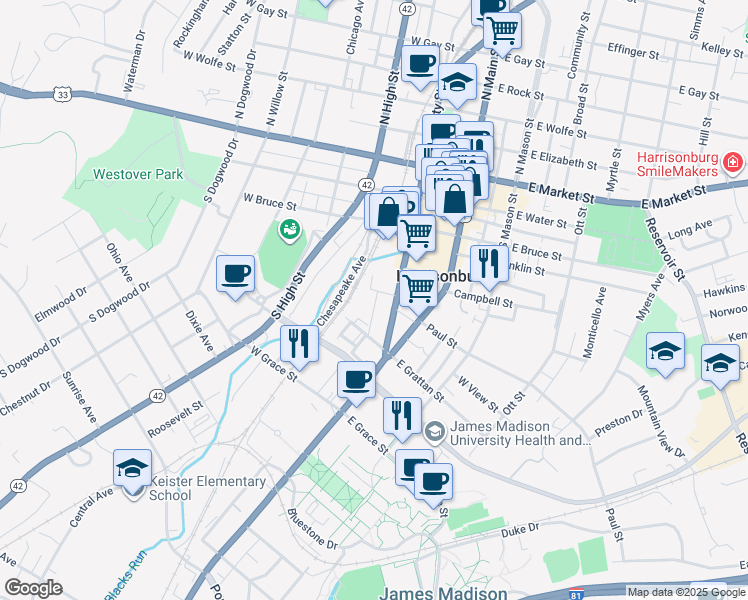 map of restaurants, bars, coffee shops, grocery stores, and more near 135 Lewis Street in Harrisonburg