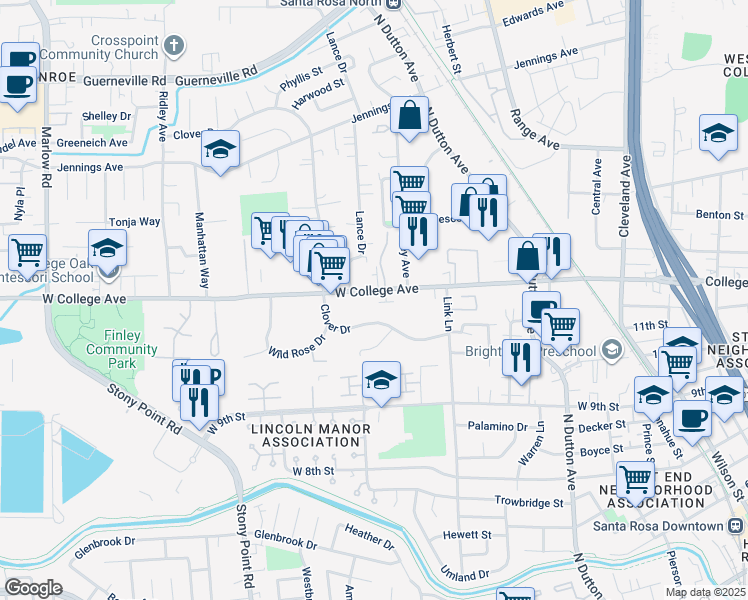 map of restaurants, bars, coffee shops, grocery stores, and more near 818 West College Avenue in Santa Rosa