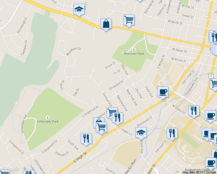 map of restaurants, bars, coffee shops, grocery stores, and more near 825 Elmwood Dr in Harrisonburg