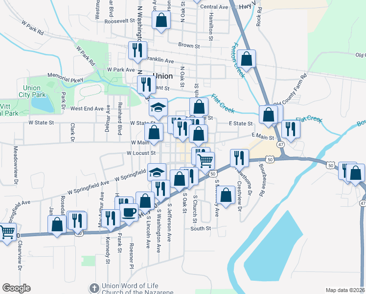 map of restaurants, bars, coffee shops, grocery stores, and more near 9 South Oak Street in Union
