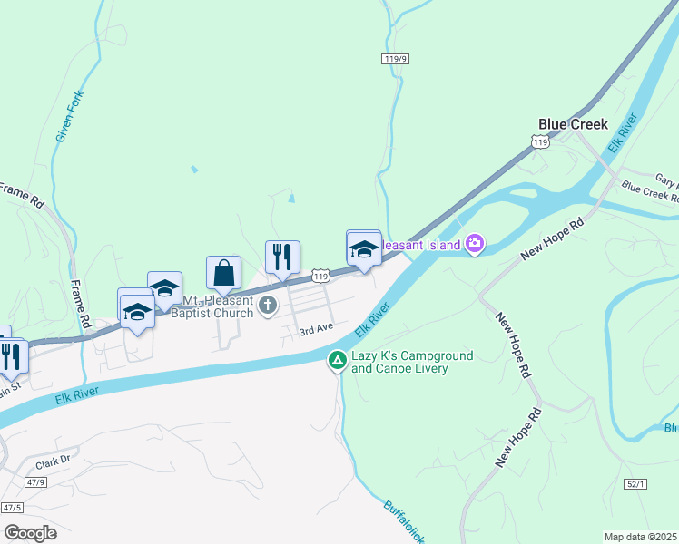 map of restaurants, bars, coffee shops, grocery stores, and more near in Blue Creek