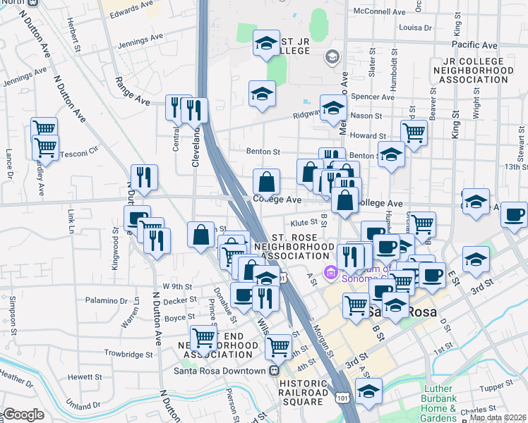 map of restaurants, bars, coffee shops, grocery stores, and more near 301 Lincoln Street in Santa Rosa