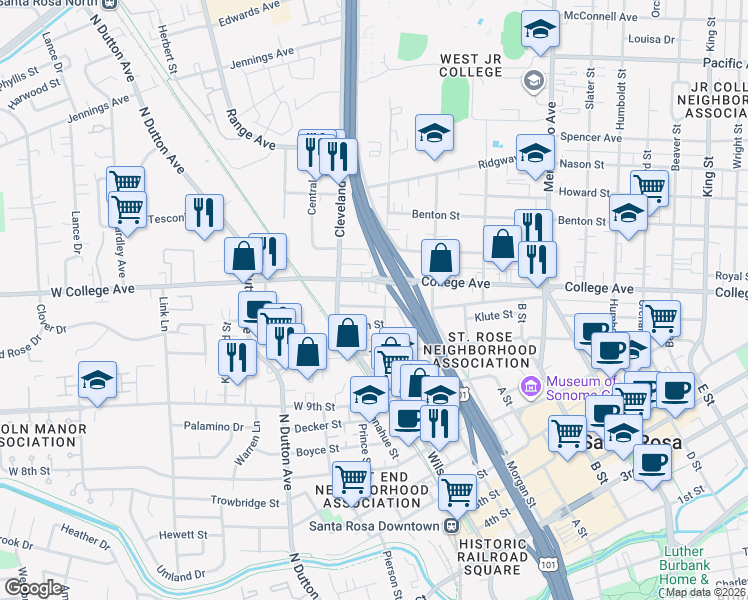 map of restaurants, bars, coffee shops, grocery stores, and more near 131 Lincoln Street in Santa Rosa