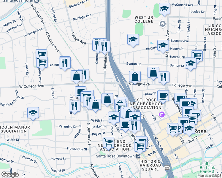 map of restaurants, bars, coffee shops, grocery stores, and more near 131 Lincoln Street in Santa Rosa
