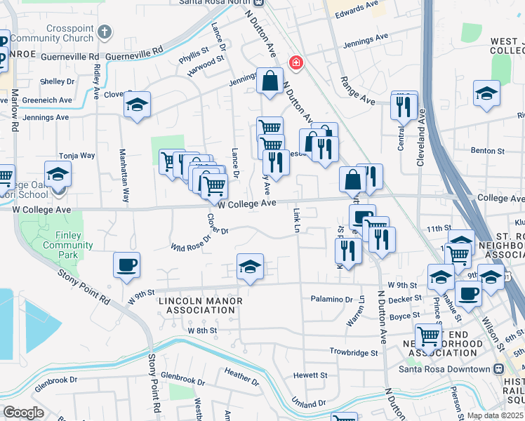 map of restaurants, bars, coffee shops, grocery stores, and more near 650 West College Avenue in Santa Rosa