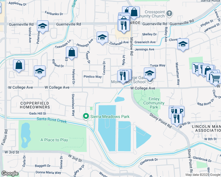 map of restaurants, bars, coffee shops, grocery stores, and more near 2150 West College Avenue in Santa Rosa
