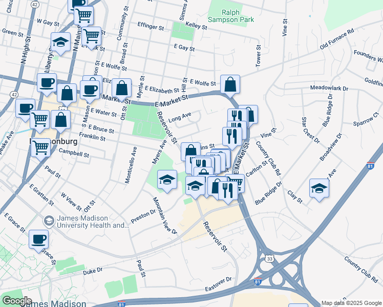 map of restaurants, bars, coffee shops, grocery stores, and more near 528 Norwood Street in Harrisonburg