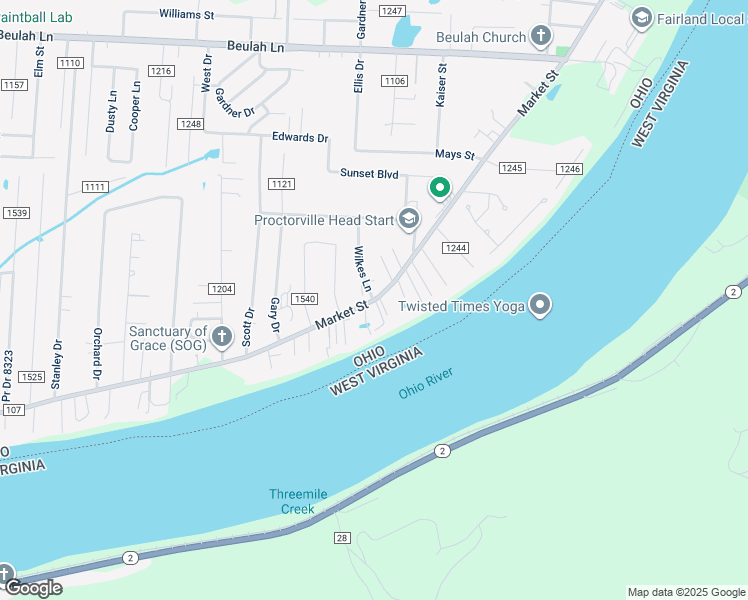 map of restaurants, bars, coffee shops, grocery stores, and more near 9292 County Road 107 in Proctorville