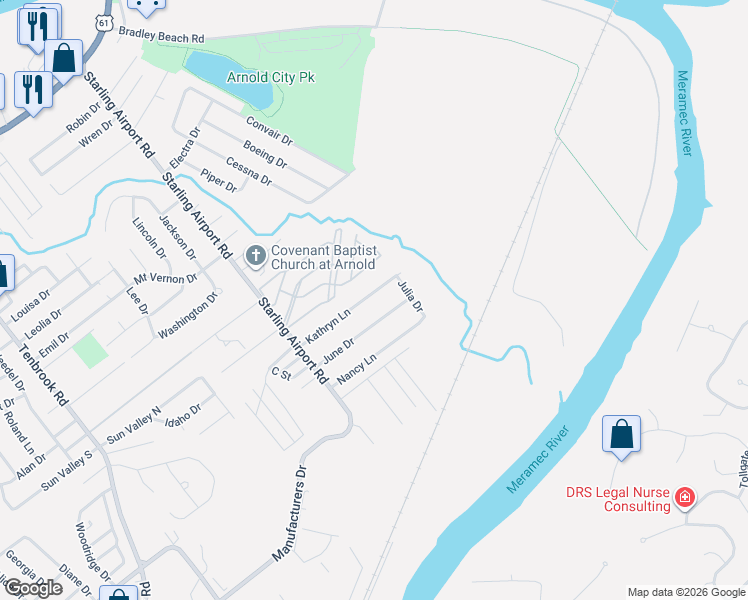 map of restaurants, bars, coffee shops, grocery stores, and more near 422 Kathryn Drive in Arnold