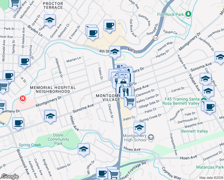 map of restaurants, bars, coffee shops, grocery stores, and more near 2221 Magowan Drive in Santa Rosa