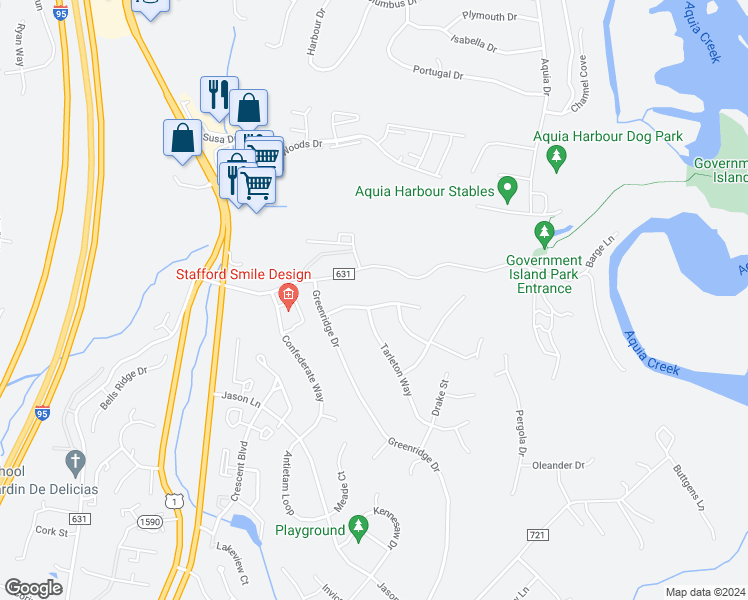 map of restaurants, bars, coffee shops, grocery stores, and more near 12 Knightsbridge Way in Stafford