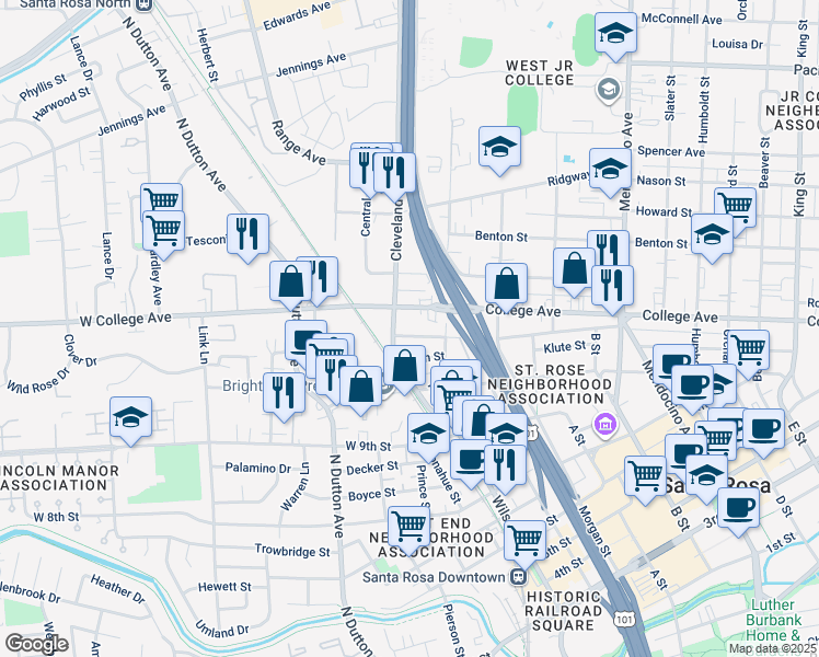 map of restaurants, bars, coffee shops, grocery stores, and more near 117 Lincoln Street in Santa Rosa