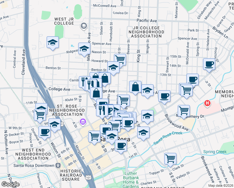 map of restaurants, bars, coffee shops, grocery stores, and more near 726 College Avenue in Santa Rosa