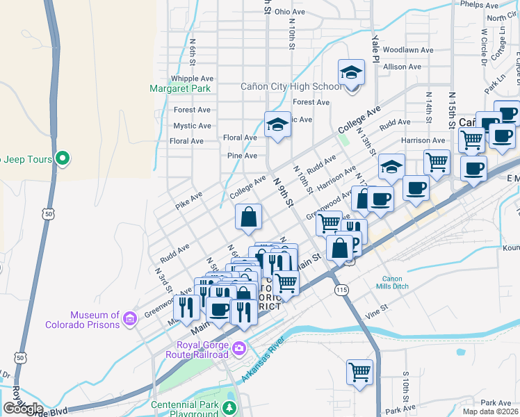map of restaurants, bars, coffee shops, grocery stores, and more near 710 Rudd Ave in Cañon City