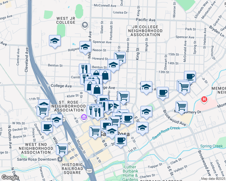 map of restaurants, bars, coffee shops, grocery stores, and more near 714 College Avenue in Santa Rosa