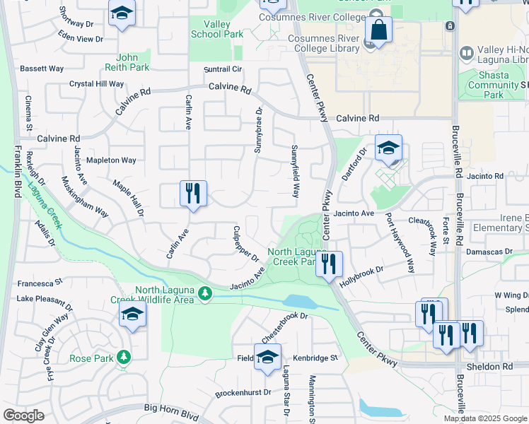 map of restaurants, bars, coffee shops, grocery stores, and more near 6595 Sunnyfield Way in Sacramento