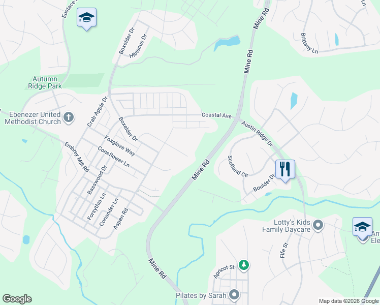 map of restaurants, bars, coffee shops, grocery stores, and more near 545 Gladiola Way in Stafford